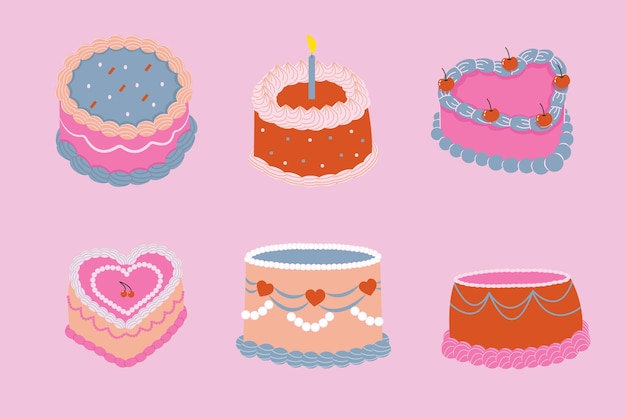 Conjunto de pasteles lindos en estilo retro La ilustración está dibujada a mano Concepto de fiesta de cumpleaños de boda