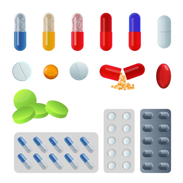 Conjunto de pastillas y cápsulas. Pastillas en ampollas analgésicos y antibióticos, vitaminas y aspirina. Farmacia de símbolos de medicamentos. Ilustración de vector médico sobre fondo blanco.