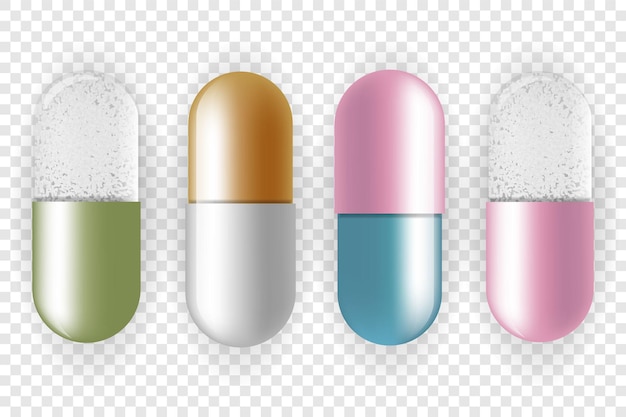 Vector conjunto de pastillas y tabletas de colores sobre fondo transparente. medicamentos.