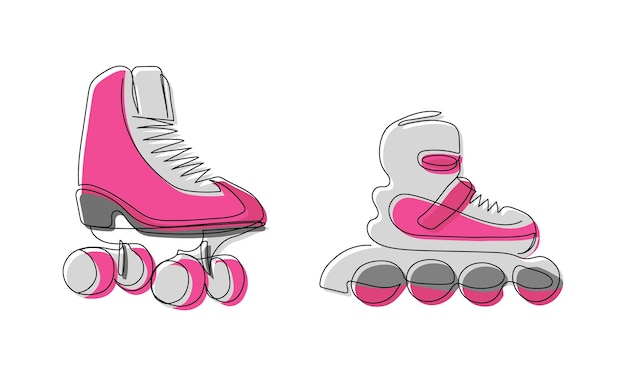 Vector conjunto de patines de color calzado de una línea de arte dibujo de línea continua de zapatos deportivos de patinaje