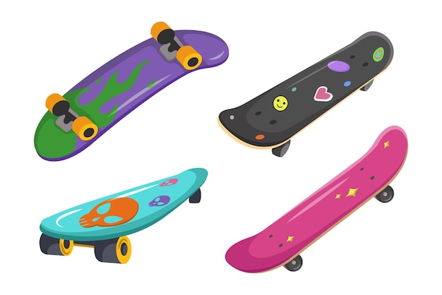 Conjunto de patinetas coloridas al estilo de dibujos animados Ilustración vectorial de pasatiempo estilo de vida activo deportes diversión de verano sobre fondo blanco