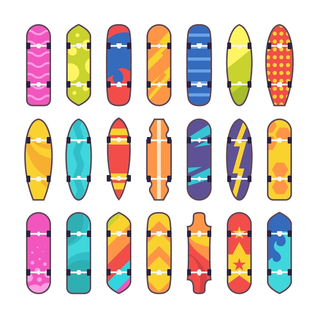 Conjunto de patinetas dibujadas a mano con diferentes tipos de ilustraciones vectoriales coloridas