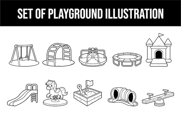 Conjunto de patio de recreo para niños contorno dibujo ilustración vectorial