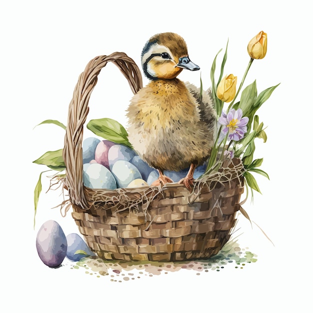 Conjunto con pato lindo y cesta con huevos de pascua en estilo 3d Ilustración vectorial aislada
