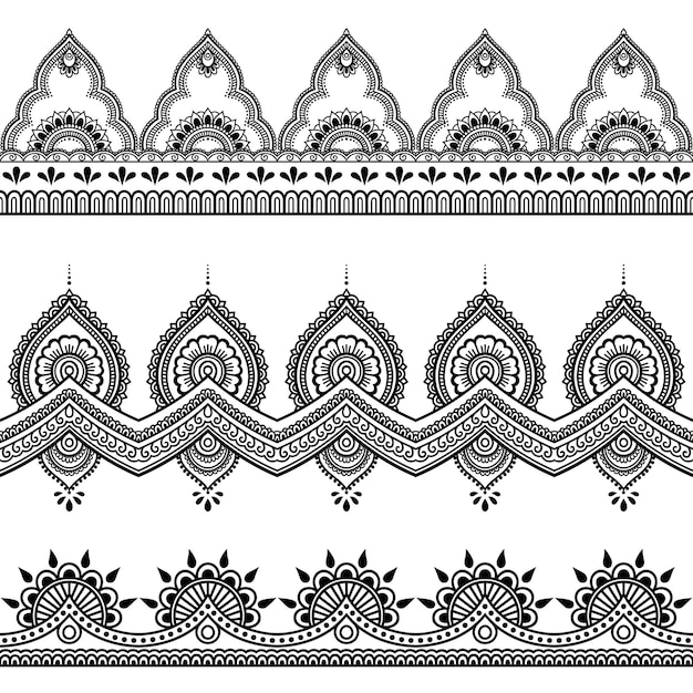 Conjunto de patrón de bordes sin costura para Mehndi Henna dibujo y tatuaje Decoración en estilo étnico oriental indio Doodle ornamento Esquema mano dibujar vector ilustración
