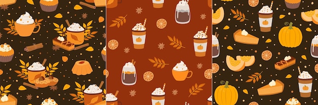Conjunto de patrón sin costuras de otoño con especia de calabaza latte de taza de café y pastel