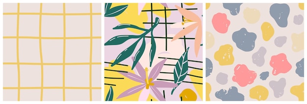 Conjunto de patrón floral, rejilla, manchas sin inconvenientes. Patrón vectorial para tela, papel, decoración de interiores.