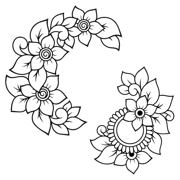 Conjunto de patrón de flores mehndi para dibujo y tatuaje de henna. decoración en estilo étnico oriental, indio. adorno de doodle. ilustración de vector de dibujo a mano de contorno.