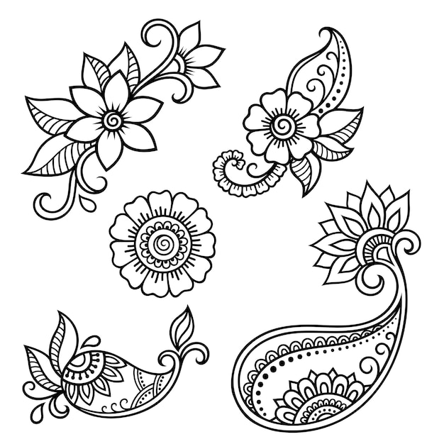Conjunto de patrón de flores Mehndi para dibujo y tatuaje de henna. Decoración en estilo étnico oriental, indio. Adorno de Doodle. Ilustración de vector de sorteo de mano de contorno.