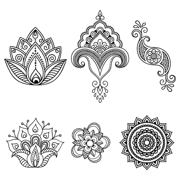Conjunto de patrón de flores Mehndi y mandala para dibujo y tatuaje de henna. Decoración en estilo étnico oriental, indio. Adorno de Doodle.