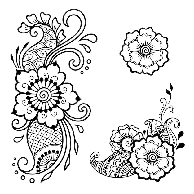 Conjunto de patrón de flores mehndi y mandala para dibujo y tatuaje de henna.