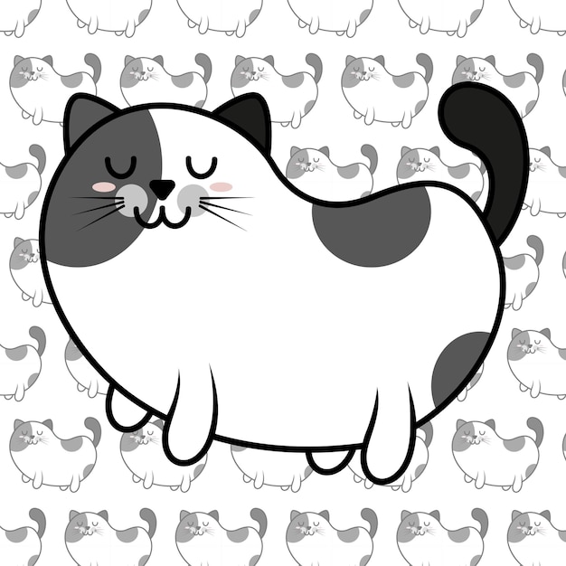 Conjunto de patrón de gatos gordos kawaii e ilustración de estilo anime vectorial