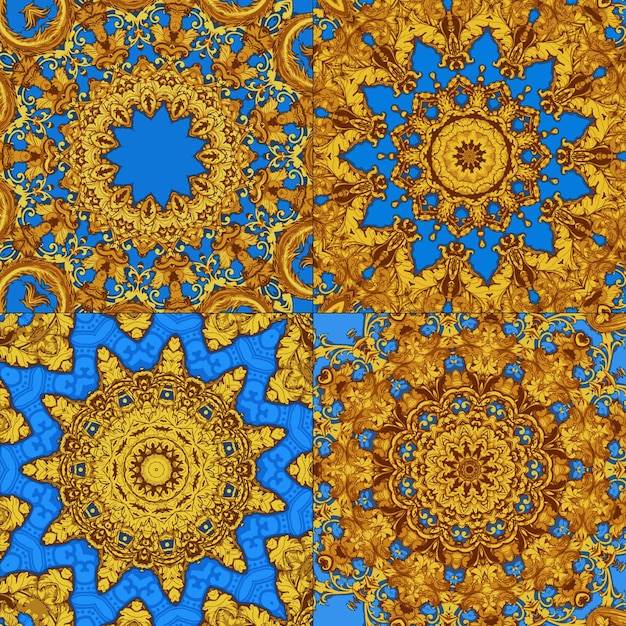 Conjunto de patrón indio abstracto con diseño mandala azul oriental para papel de regalo textil