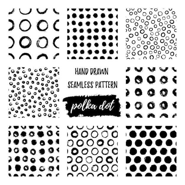 Conjunto de patrón de lunares transparente dibujado a mano con un pincel. Vector Grunge monocromo textura de círculos. Fondo escandinavo en un estilo simple para imprimir en textiles, papel tapiz, imprimir en camisetas
