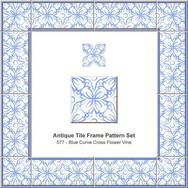 Conjunto de patrón de marco de azulejo antiguo azul redondo curva cruz flor vid, decoración de cerámica.