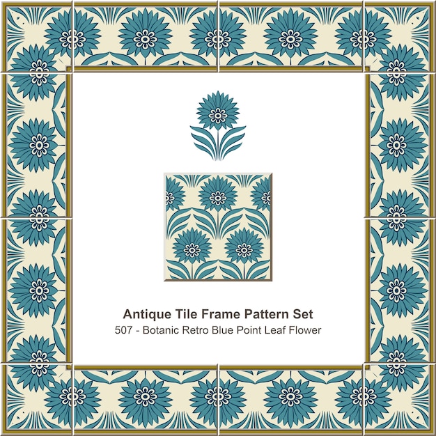 Conjunto de patrón de marco de azulejo antiguo Botánico Retro Flor de hoja de punto azul