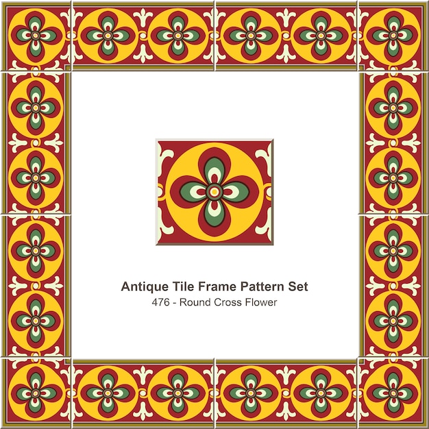 Conjunto de patrón de marco de azulejo antiguo flor de cruz redonda