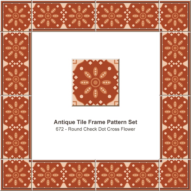 Conjunto de patrón de marco de azulejo antiguo redondo flor de cruz de punto de verificación, decoración de cerámica.