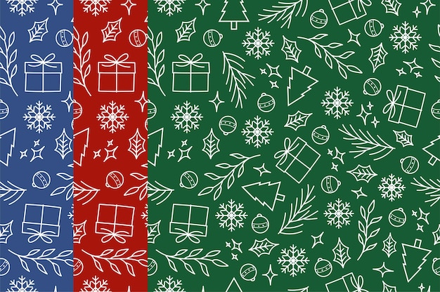Conjunto de patrón navideño lineal blanco en fondo azul rojo y verde para papel tapiz y envoltura