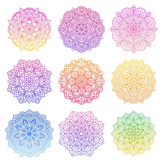 Conjunto de patrón de ornamento degradado redondo mandala. Patrón decorativo vintage en estilo oriental.