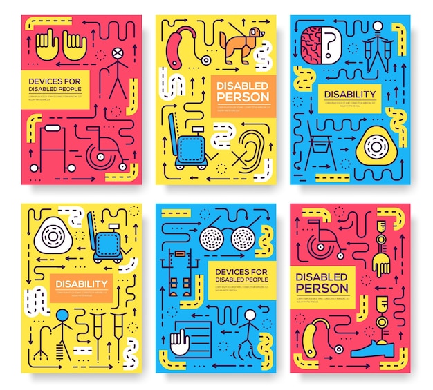 Conjunto de patrón de personas de atención de línea fina. Arte discapacitado, revista, libro, cartel, resumen, pancartas, elemento.