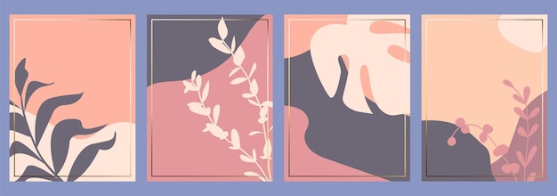 Conjunto de patrón de vector de arte de pared botánico. Dibujo de arte de follaje con hojas y formas abstractas. Mínimo