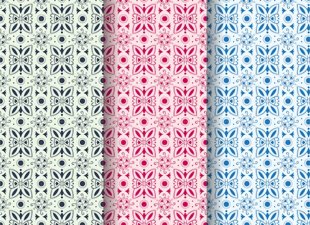 Conjunto de patrones abstractos sin fisuras con formas abstractas como un virus y una mariposa. Los colores pastel son azul, morado y rosa.
