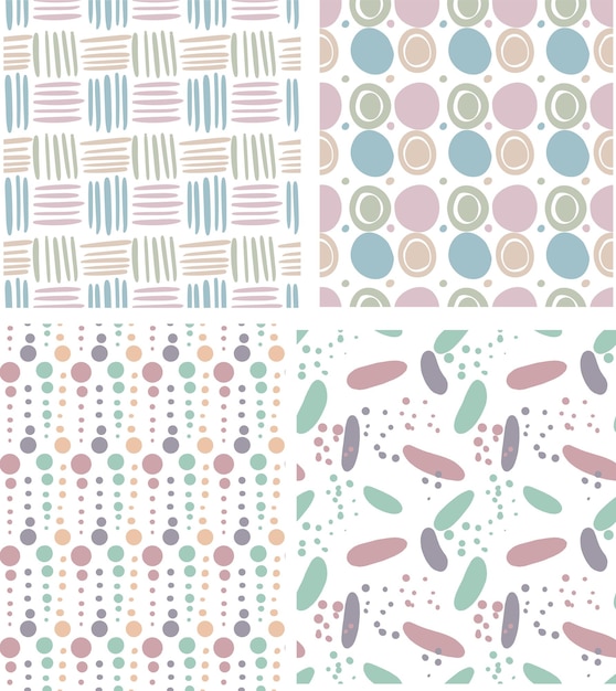 Conjunto de patrones abstractos vectoriales sin costuras en colores azul rosa pastel con líneas de puntos y círculos.