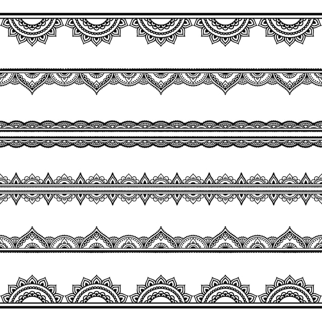 Conjunto de patrones de bordes sin costuras para Mehndi, dibujo de henna y tatuajes. Decoración en estilo étnico oriental, indio. Adorno de Doodle. Ilustración de vector de sorteo de mano de contorno.