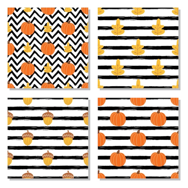 Conjunto de patrones de calabaza calabaza vectorial sobre fondo de líneas negras colección simple de texturas de otoño de halloween