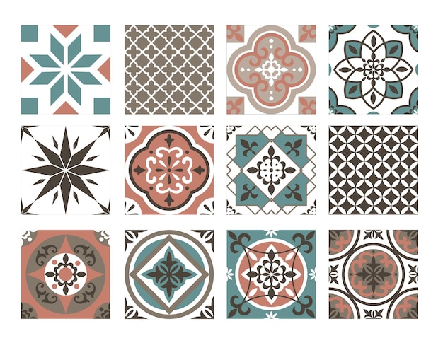 Conjunto de patrones de colores de azulejos. Colección de adornos decorativos geométricos marrones azules orientales abstractos, decoración ornamental retro típica de cerámica
