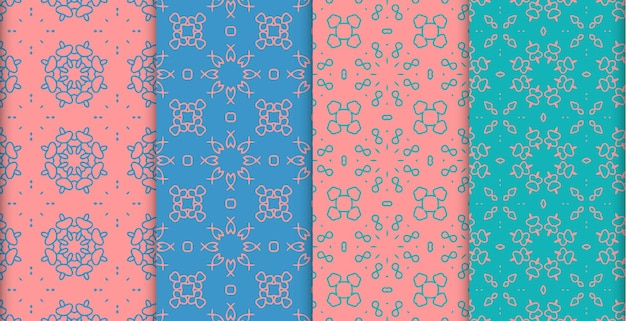 Un conjunto de patrones coloridos con un fondo azul y rosa.