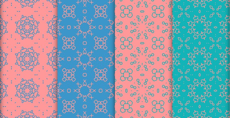 Un conjunto de patrones coloridos con un fondo azul y rosa.
