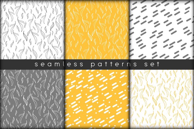 Conjunto de patrones sin costura combinables elementos de lineart dibujados a mano florales botánicos puntos puntos último diseño gris y blanco para embalaje textil de tela de envoltura