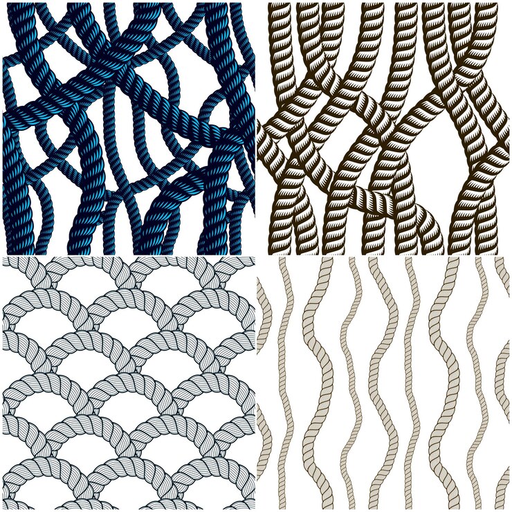 Vector conjunto de patrones sin costura de cuerda, colección de fondos de papel tapiz de vector de moda. ilustraciones marinas interminables con adornos de redes de pesca y nudos marinos. utilizable para tela, papel tapiz, envoltura, web e impresión