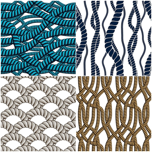 Conjunto de patrones sin costura de cuerda, colección de fondos de papel tapiz de vector de moda. ilustraciones marinas interminables con adornos de redes de pesca y nudos marinos. utilizable para tela, papel tapiz, envoltura, web e impresión