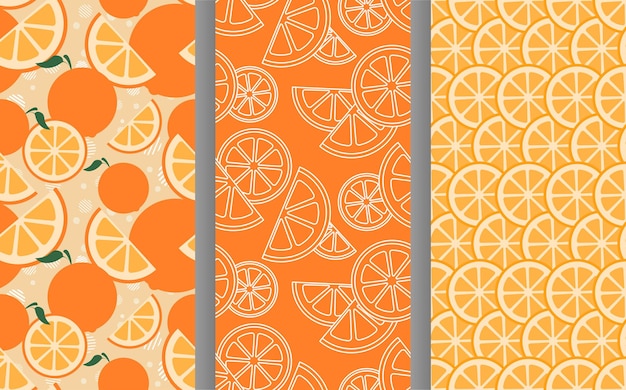 Conjunto de patrones sin costura vectorial de muchos iconos de frutas naranjas