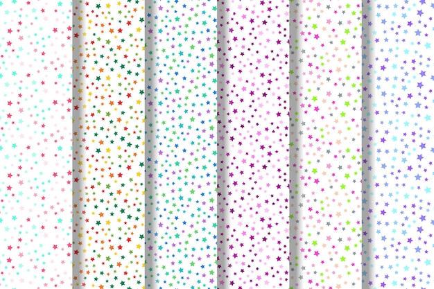 Conjunto de patrones sin costura vectorial de varias estrellas multicolores sobre fondo blanco para tela