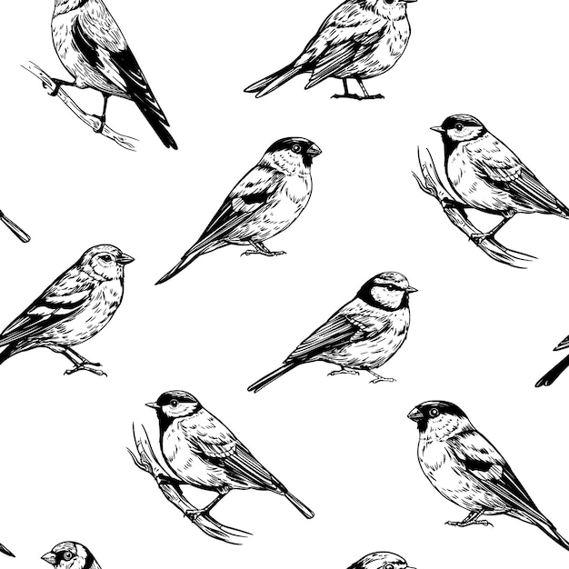 Conjunto de patrones sin costuras aves gran tit goldfinch robin bullfinch boceto realista vector dibujado a mano