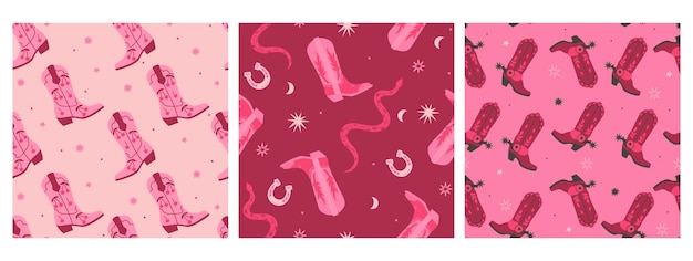 Conjunto de patrones sin costuras con botas de vaquero Imagen vectorial