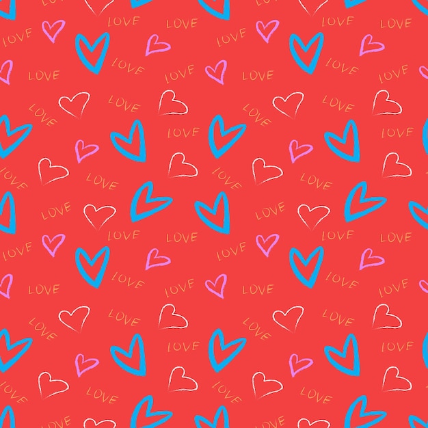Conjunto de patrones sin costuras con corazones dibujados a mano y texto de fondo del día de San Valentín