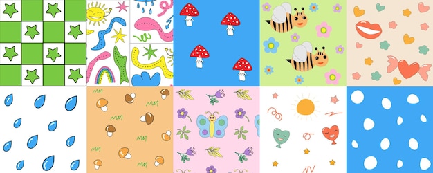 Conjunto de patrones sin costuras de dibujos animados plantillas de fondos brillantes simples y divertidos Ilustración vectorial
