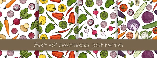 Conjunto de patrones sin costuras con diferentes verduras Pimienta tomate cebolla rábano repollo y otros
