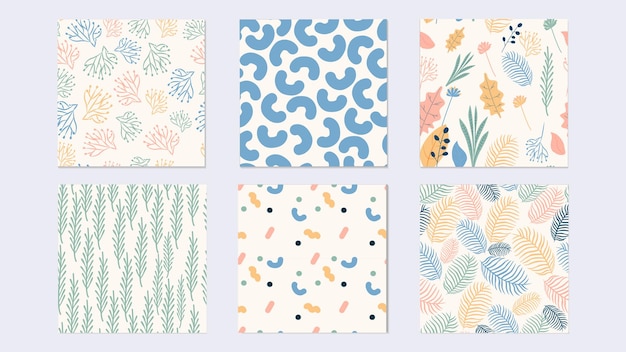 Conjunto de patrones sin costuras con elementos modernos abstractos y florales en colores azul rosa amarillo verde