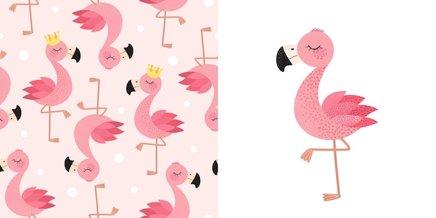 Conjunto de patrones sin costuras y estampado con pájaro flamenco estampado infantil para ropa infantil