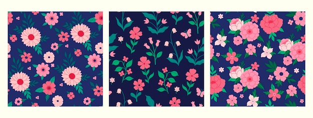 Conjunto de patrones sin costuras con flores rosas sobre un fondo azul Gráficos vectoriales
