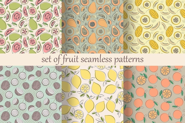 Conjunto de patrones sin costuras de frutas con guayaba, papaya, melón, coco, naranja y limón en diseño plano