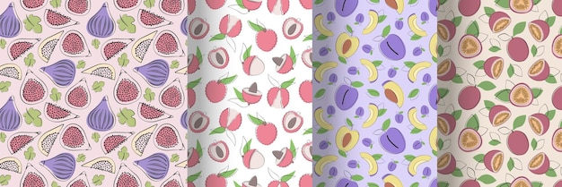 Conjunto de patrones sin costuras de frutas con higos litchi ciruela fruta de la pasión en diseño plano simple