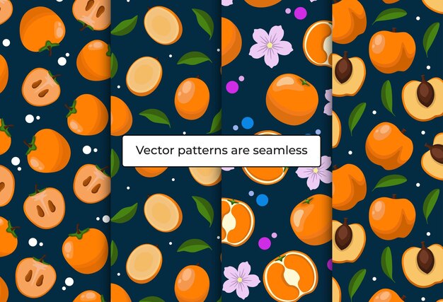 Conjunto de patrones sin costuras frutas naranjas albaricoques mangos caquis flores círculos fondo azul