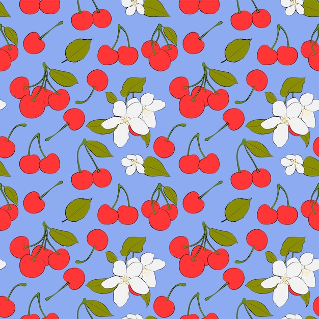 Un conjunto de patrones sin costuras de hojas de cerezas y frutas 1000x1000 píxeles gráfico vectorial.